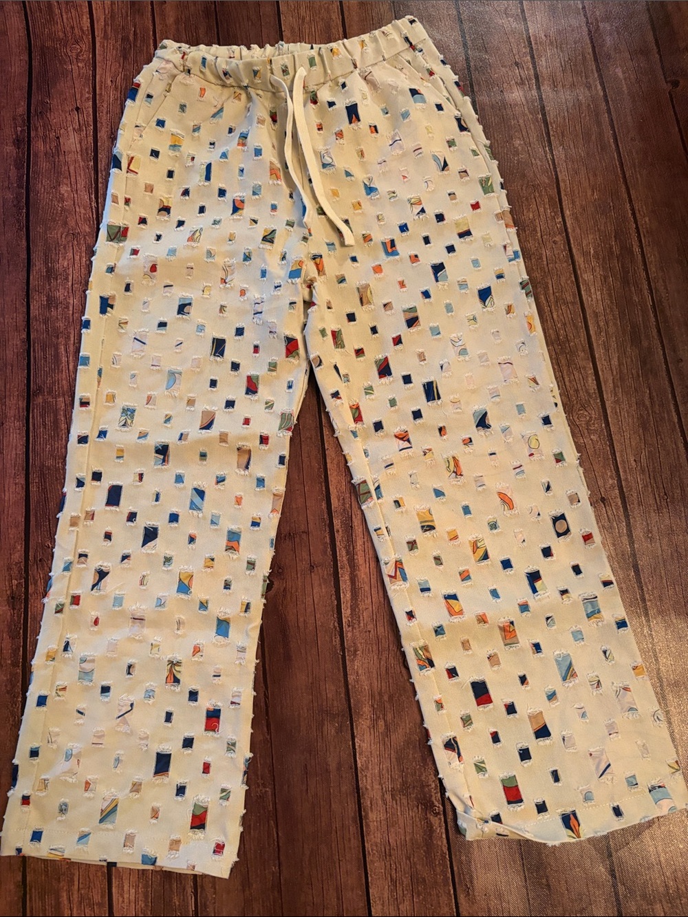 Off-White Denim Handmade Pants with Distressed Cutouts over Silky Insert